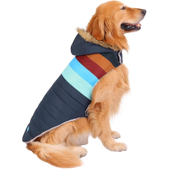 Dog Puffer Jacket Fleece Lined Warm Dog Parka Winter Coat with Harness Hole Navy Retro Stripe - XL
