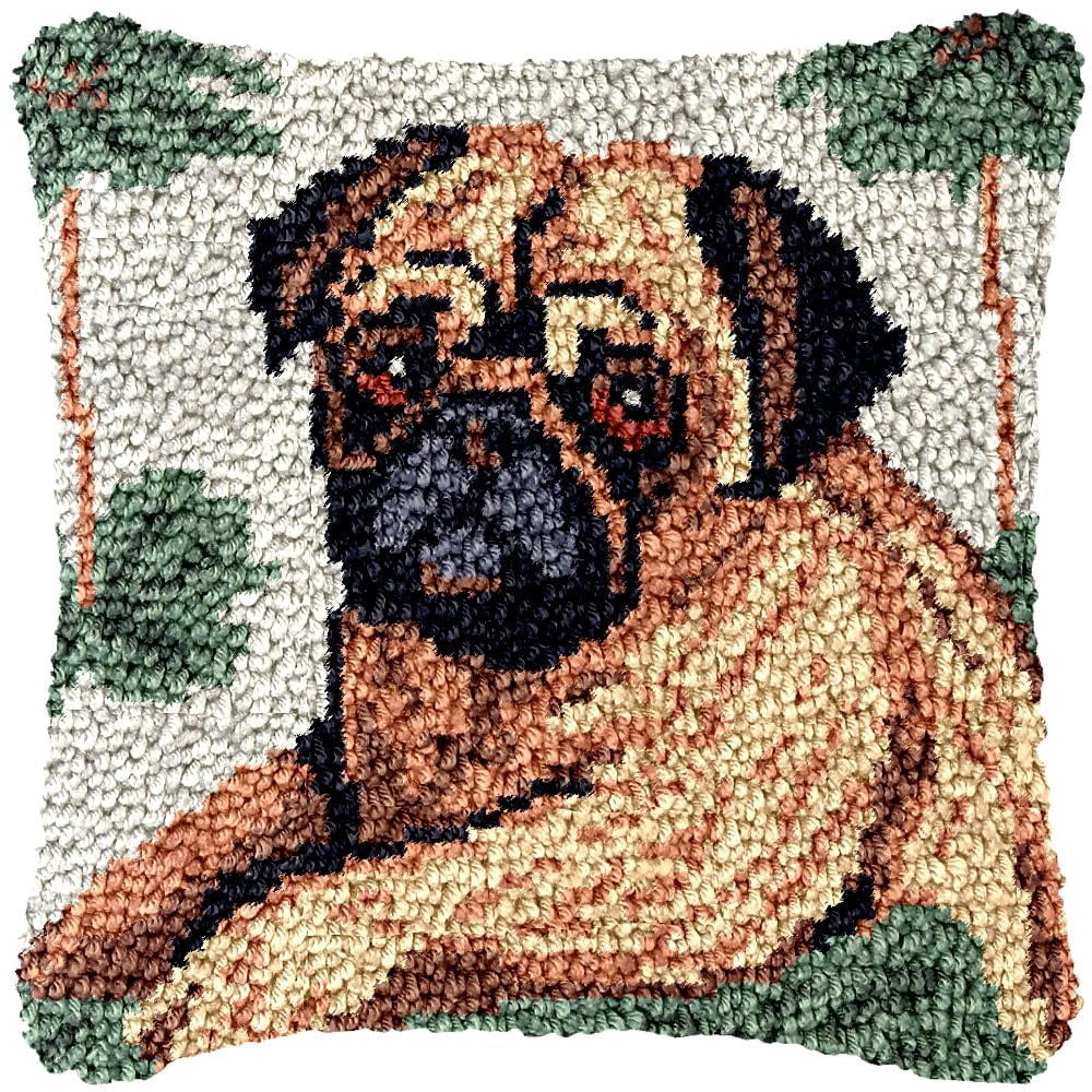 Dog Pug Latch Hook Pillow Kits for Beginner Needle Crochet Yarn Kits with Stamped Canvas Embroidery Cushion Hook and Latch Throw Pillow Home Sofa Decoration 43x43cm