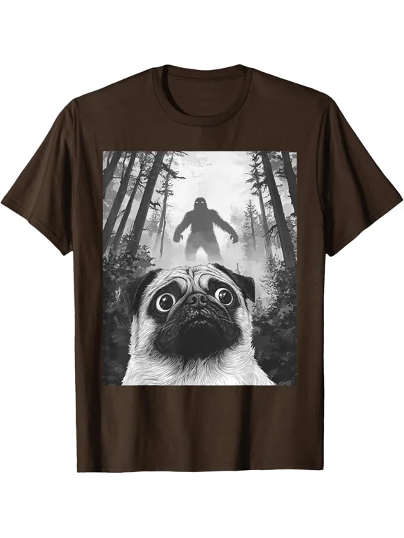 Dog Pug Selfie With Bigfoot Sasquatch Funny Pug T-Shirt DARK CHOCOLATE Unisex S-5XL Hot Trending Shirt, Vintage Birthday Gift