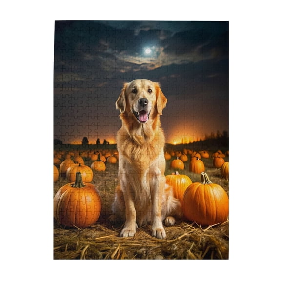 Dog Pumpkin Patch Moon Night 500-Piece Wooden Jigsaw Puzzle for Adults, Fun & Challenging Family Game, Stylish Wall Decor & Holiday Gift