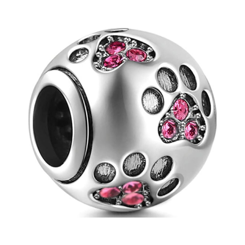 Dog Puppy Paw Print Charm European Bead Pink CZ Sterling Silver Ginger Lyne Collection
