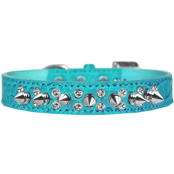 Double Crystal And Spike Croc Dog Collar Size Size 14 Turquoise