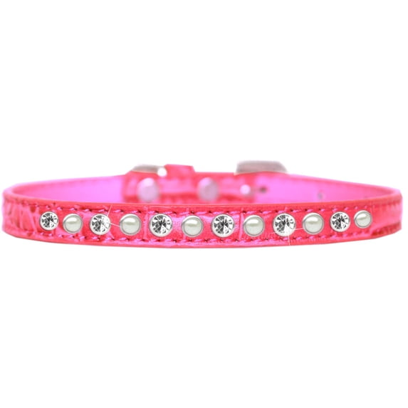 Dog, Puppy and Pet Designer Croc Collar, "One Row Pearl Clear Crystals Rimsets"