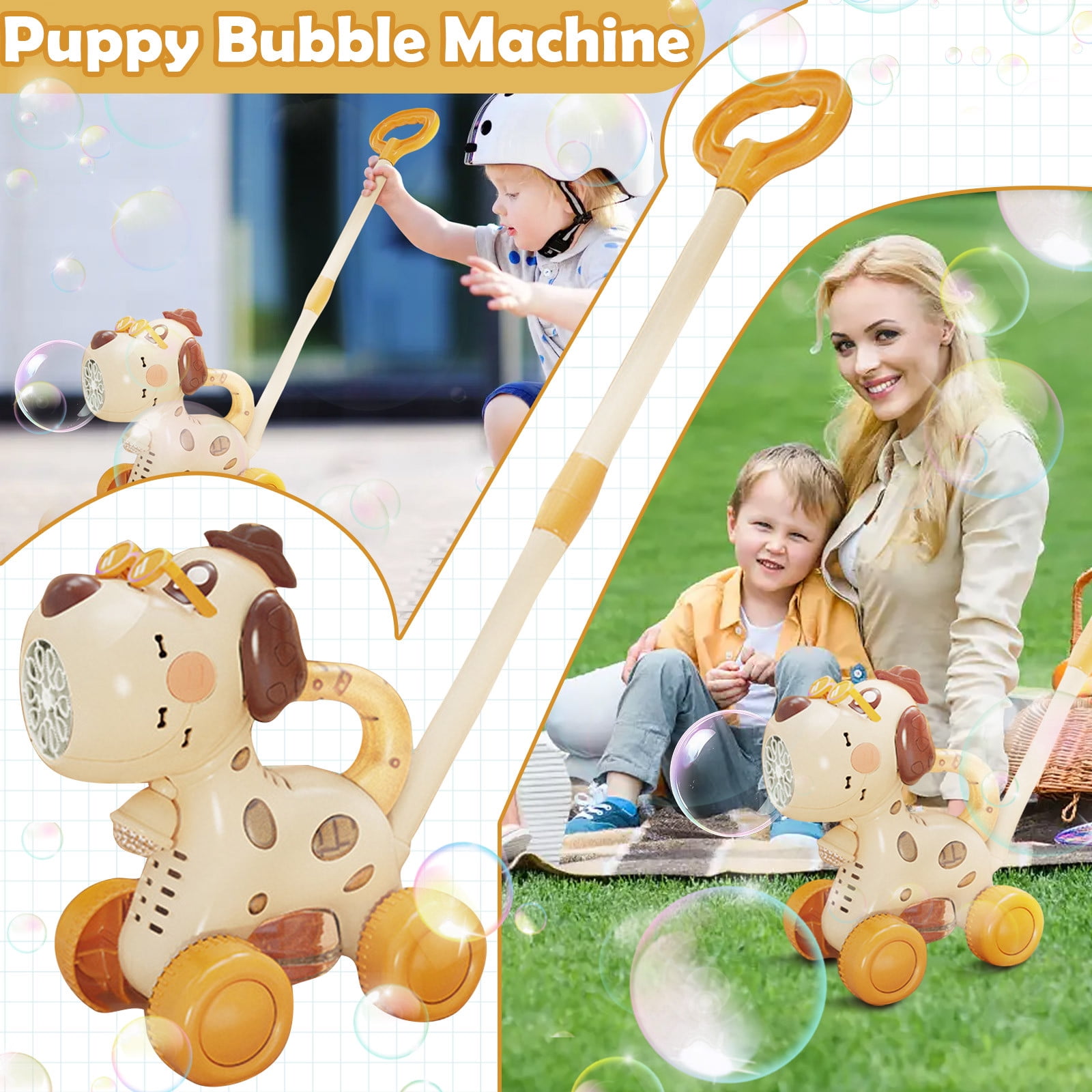 Dog Push Bubble Machine, Automatic Bubble Blower with Music and Colorful Bubble Effects, Portable Outdoor Bubble Maker with Handle Rod and 90ml Bubble Solution