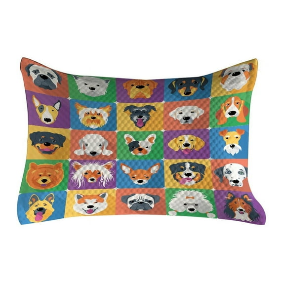 Dog Quilted Pillowcover, Dog Breeds Profiles Pets Shepherd Terrier Labrador Domestic Animals Illustration, Standard King Size Accent Pillow Cover for Bedroom, 36" x 20", Purple Green, by Ambesonne