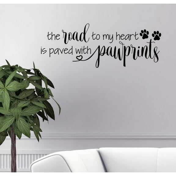 Dog Quotes Wall Decor Road to Heart Paved with Pawprints Pet Wall Art Stickers 23x9-Inch Black