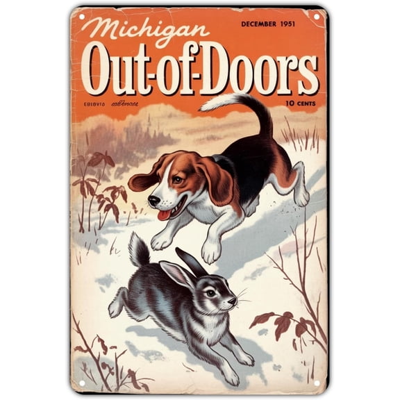 Dog and Rabbit Hunt tin sign Vintage Animal Metal Sign Hunting Scene Print Aesthetic for Garden Yard Bar Porch Home Bedroom Kitchen Wall Decor Decor Gift 8 x 12 inch