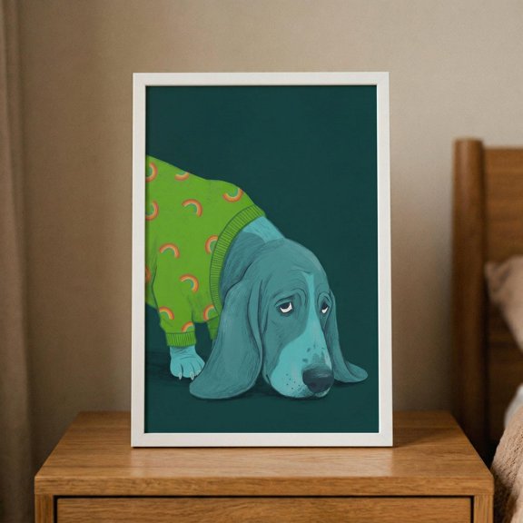 Dog Rainbow Sweater Basset Hound Sad Whimsical Puppy Animal Pet Nursery Poster , Poster Print Only