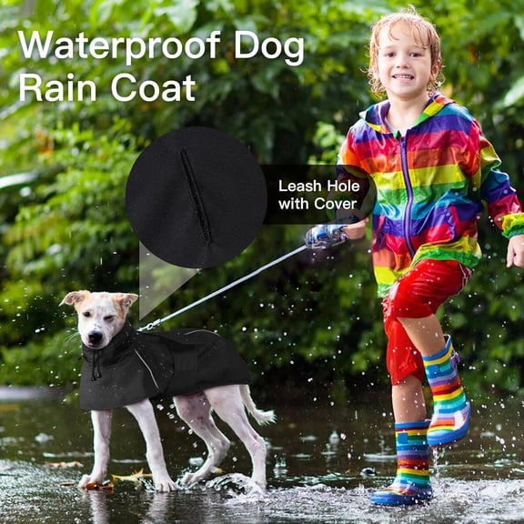 Dog Raincoat, Waterproof Rain Jacket for Large Dogs Poncho with Leash Hole Convertible Hood/Collar Reflective Rain Coat, Lightweight Breathable Stay Secure Walking (Black, )