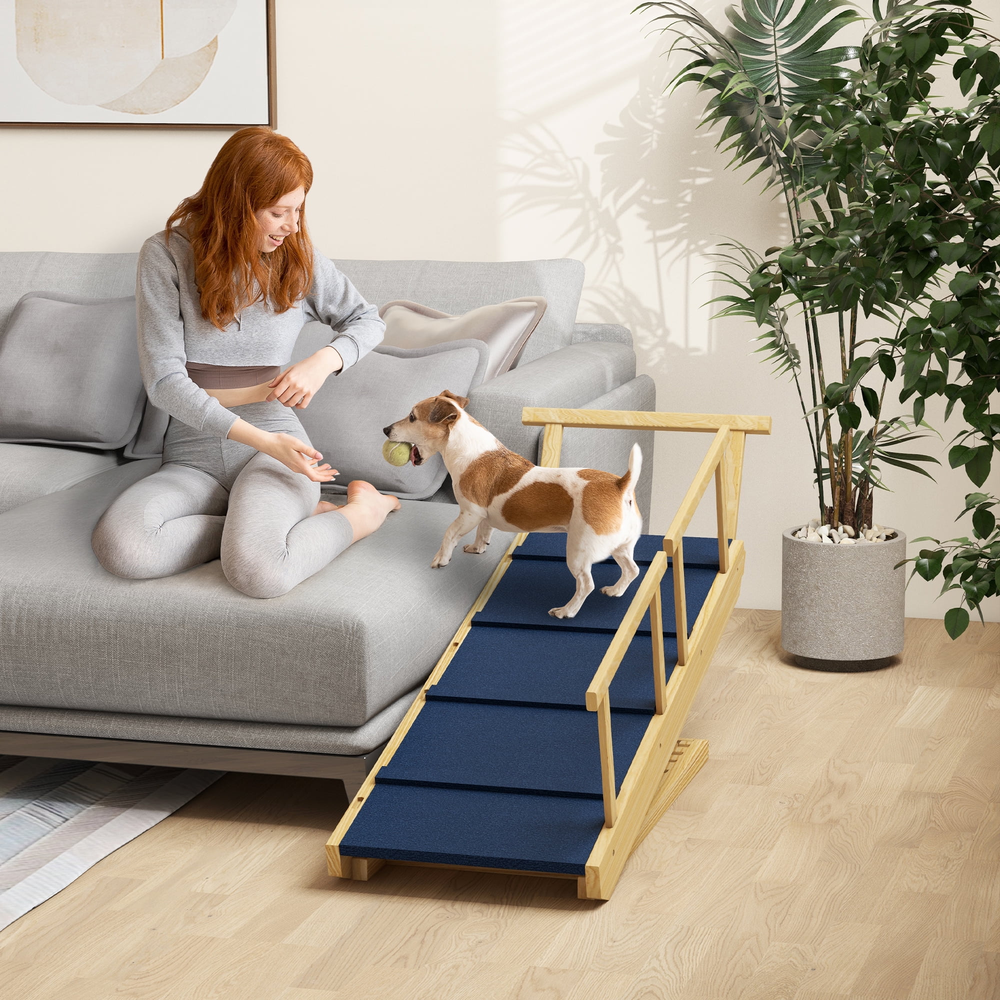 Dog Ramp, Adjustable 4 Height Pet Ramp, Foldable Wooden Dog Stairs with Non-slip Mat for Small to Large Dogs to Get on High Bed or Sofa Couch, Natural Wood Finish