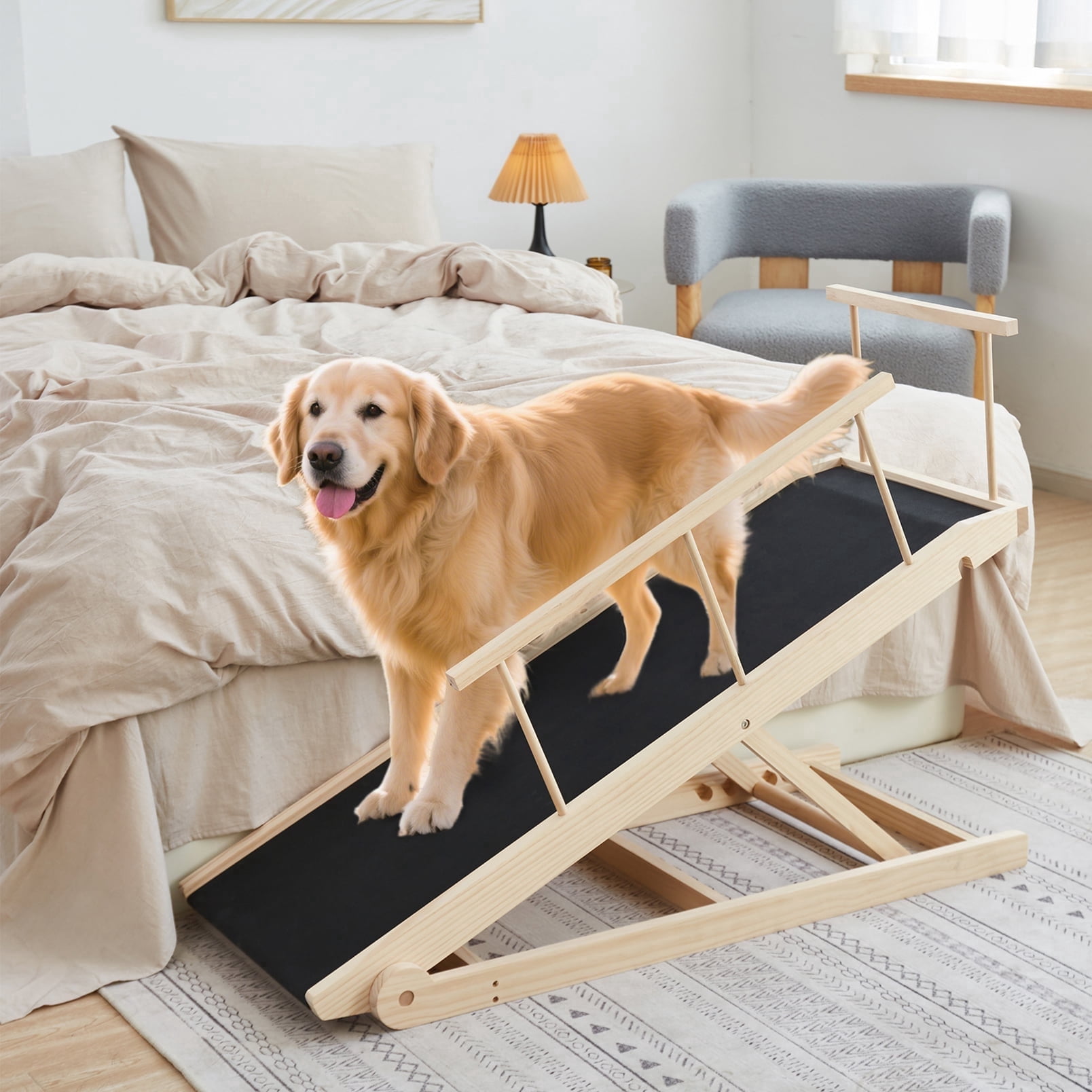 Collapsing Dog Ramp Dog Ramp for Bed and Couch, 5 Height Adjustable Solid Wood Pet Ramp for ...