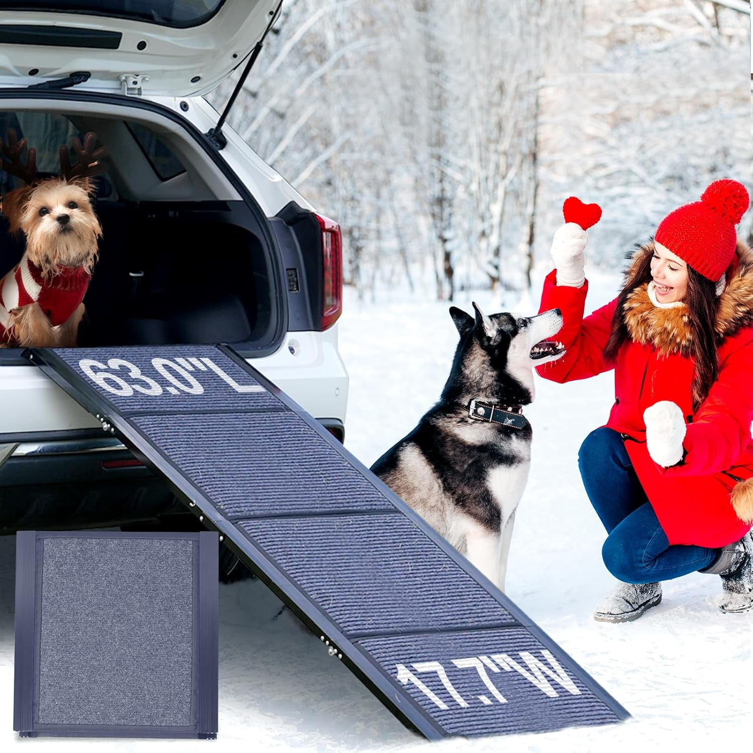 Dog Ramp for Car, Extra 63" Long x 17.3" Wide Folding Portable Pet Ramp, Non-Slip Soft Rug Dog Stairs for Large Medium Dogs Up to 250LB, Sturdy Safe Dog Outdoor Steps for Car, SUV, Truck