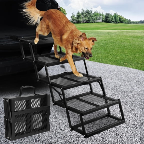 Dog Ramp for Car, Extra Wide 4 Steps Dog Stairs for Truck, Folding Steps for Dogs with Non-Slip Surface, Pet Loader Dog Steps for Large Dog, SUV, Side Door and Bed (Mesh, 16.9In-4 Steps)