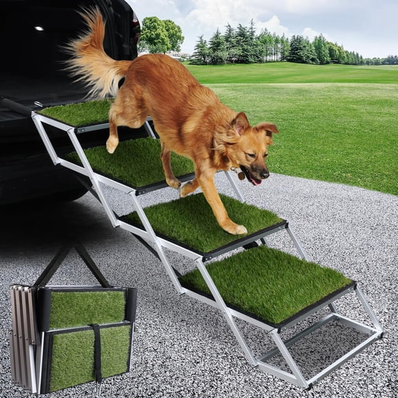 Dog Ramp for Car, Extra Wide 4 Steps Stairs for Truck, Folding Steps for Dogs with Non-Slip Surface, Pet Loader Dog for Large Dog, SUV, Side Door and Bed (Green, 16.9In-4 Steps)
