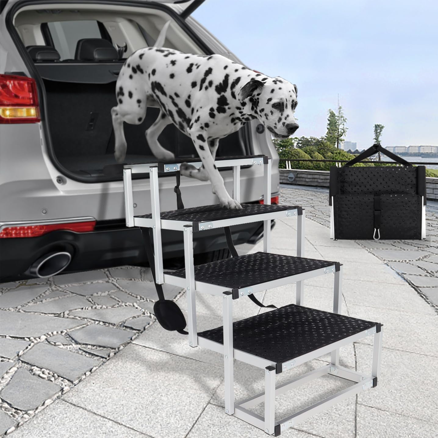 Dog Ramp for Car,Foldable Pet Stairs Supports to 150lbs for Large Dogs,Folding Lightweight