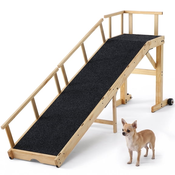 Dog Ramp for High Bed, 65", Brown | Fixed Height, Removable Side Rails, Top Platform & Wheels, Wooden Safety Pet Ramp, For Large/Senior Dogs, Up to 200 LBS