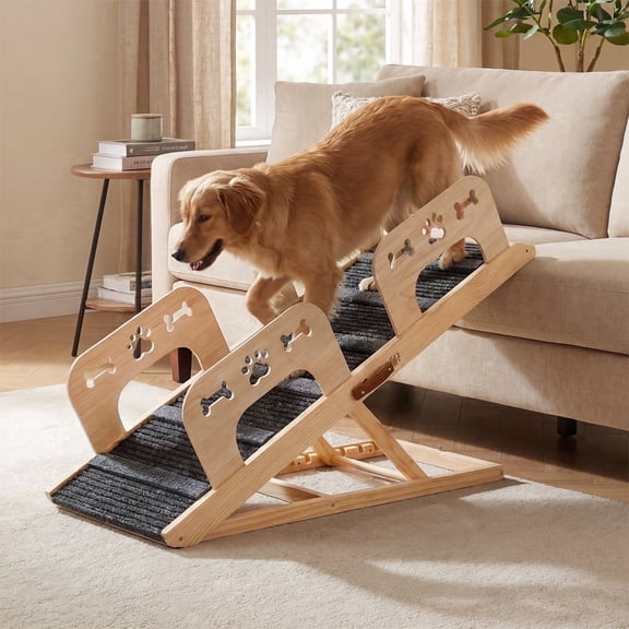Dog Ramp with Rails,41.34" L Dog Ramp for Bed & Couch, 17.7" Whidth Foldable Wooden Pet Ramp,4 Detachable Rails, 5-Heights Adjustable (13.6"-26.7"), Anti-Slip Carpet with 7 Crossbars, 200 lbs