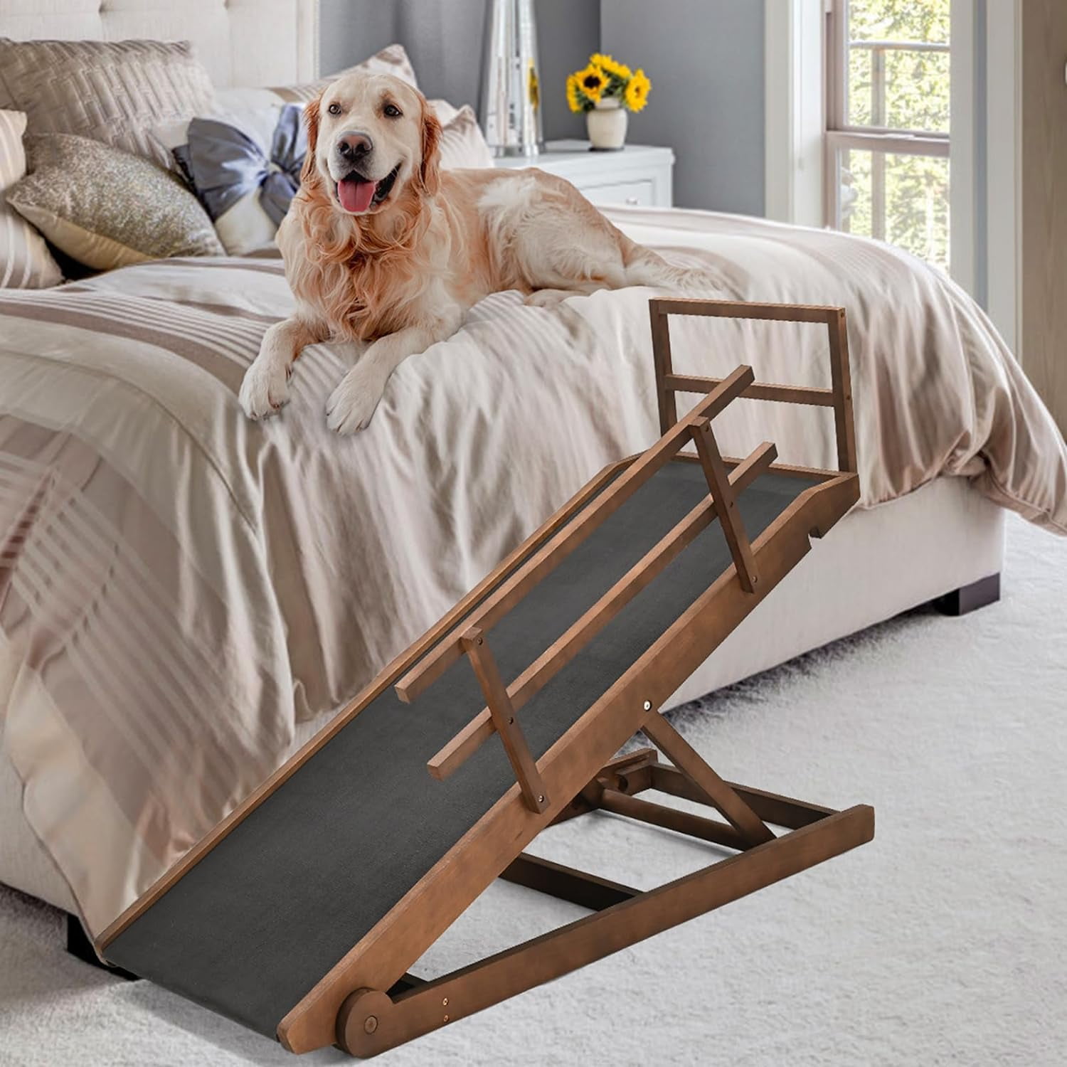 Upgraded Pet Ramp For Bed, Couch & Car - 6 Adjustable Height, Non-Slip, Folds For Storage, Supports Up To 200 Lbs (41.5 X 14.4 Inches)