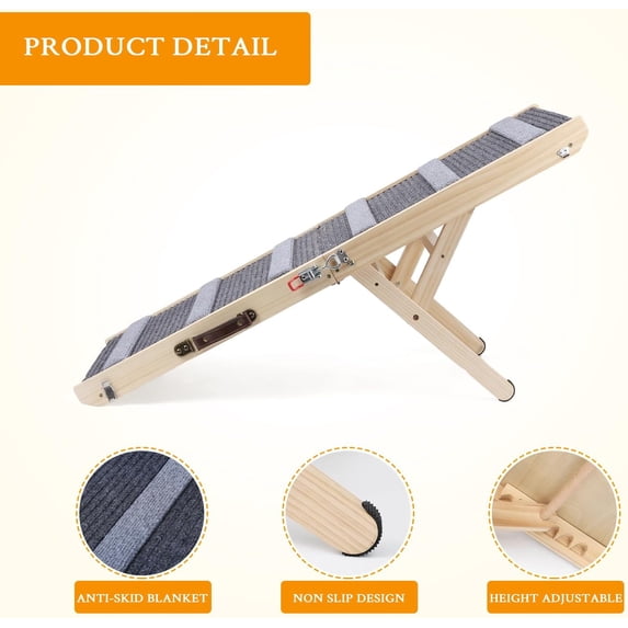 Dog Ramp, Wooden Adjustable Pet Ramp, 6 Adjustable Height from 14.56” to 25.2”, Hold up to 132lb, Folding Portable Pet Ramp for Car, Bed, Couch Grey