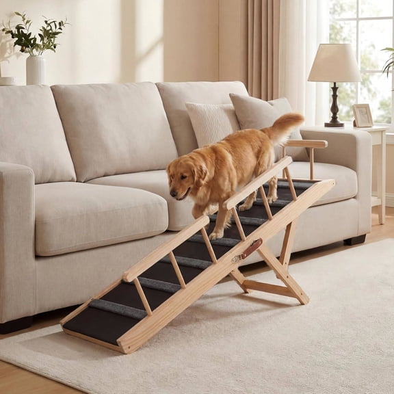 Dog Ramp with Rails, 47.24" Long Wooden Pet Ramp for Bed & Couch, 6-Height Adjustable, Foldable, 200 lbs Capacity