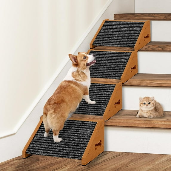 Dog Ramps for Stairs, Wooden Pet Ramp Stairs for Small Medium Dogs, Non-Slip Dog Pet Steps for Any Staircase, Stair Ramp for Injured Dogs with Anti-Slip Strip, 4 Pack