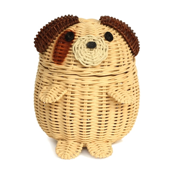 Dog Rattan Storage Basket with Lid Decorative Home Decor Hand Woven Shelf Organizer Cute Handmade Handcrafted Gift Art Decoration Artwork Wicker Puppy