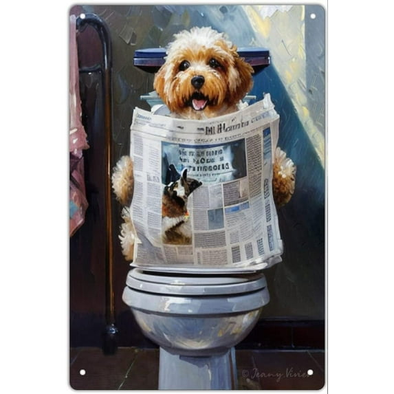 Dog Reading The Newspaper On Toilet Funny Tin Signs Wall Plaque Farmhouse Bathroom Wall Decor Dog Sitting in Toilet Poster for Toilet Bathroom Dog Artwork 12x8 Inches