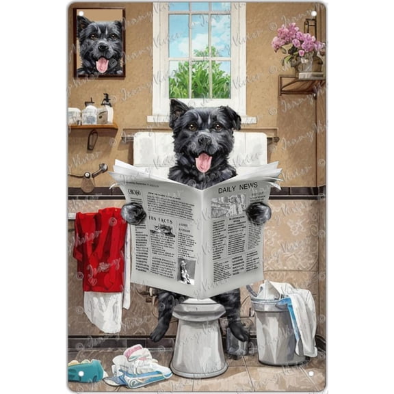 Dog is Reading Newspaper in Toilet Vintage Tin Sign Wall Art Plaque Decoration Mural Funny Gifts for Kitchen Coffee Bar Laundry Pub Home Decor Metal Poster 12x8 inch