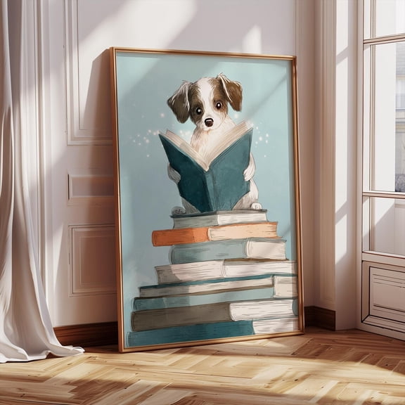 Dog Reading Poster-Bedroom Decor, Reading Corner Poster, Book Lover Poster, Whimsical Bedroom Decor, Dog Lover, Playroom Wall Art, Boys, Unframed Poster Size 16x24