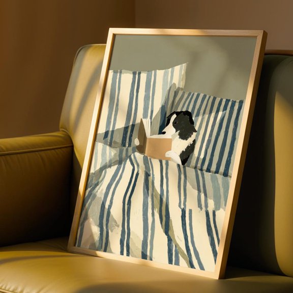 Dog Reading Poster, Border Collie, Bookish Dog, Dog in Bed Illustration, Dog Lover Gift, Cozy Bedroom Pet Decor