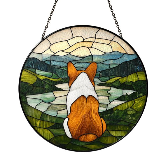 Dog Reflection Corgi Stained Glass Suncatcher, Decorative Window Hanging Sun Catcher for Pet Lovers