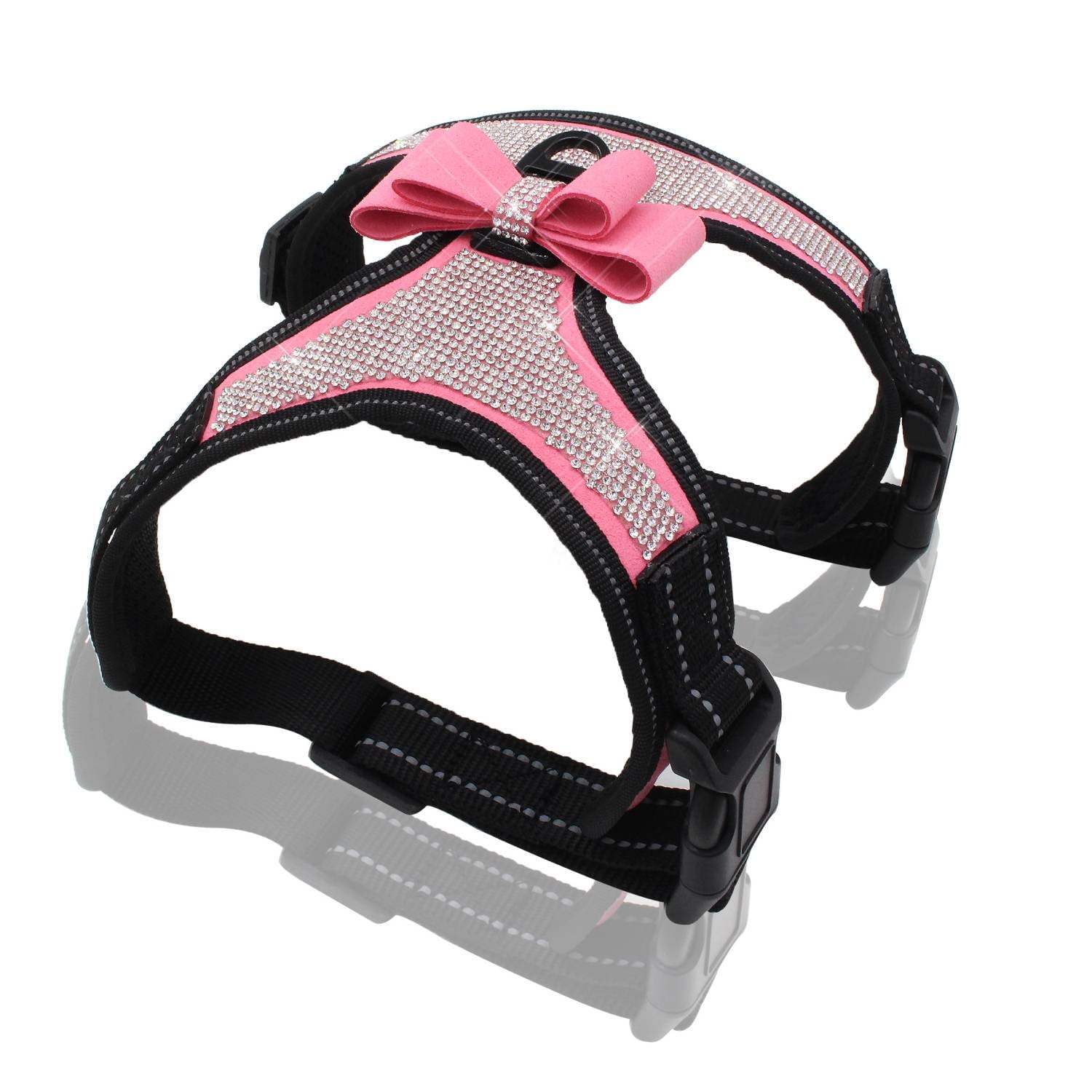 Large Dog Reflective Rhinestone Harness, No Pull Adjustable Bowtie Buckle D-ring Harness, Bling Nylon Dog Harnesses Vest for Large Dog Pink