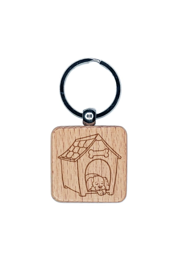 Dog Resting in Dog House Square Keychain Charm Tag - Engraved Wood