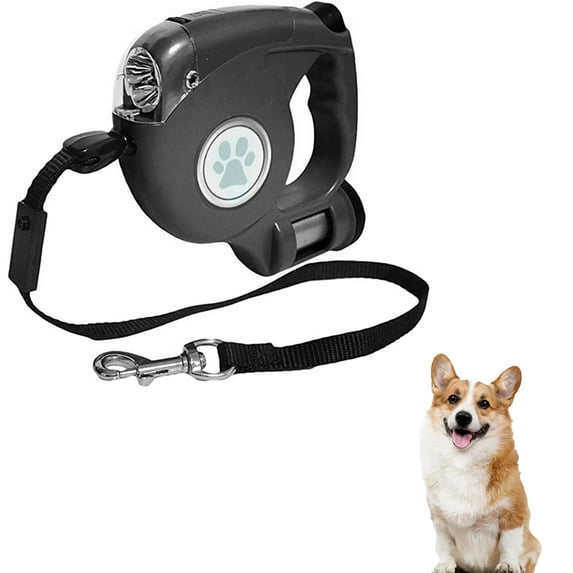 Dog Retractable Leashes With Flashlight And Waste Bag Dispenser 3 In 1 Automatic 15Ft Dog Walking Leash - black