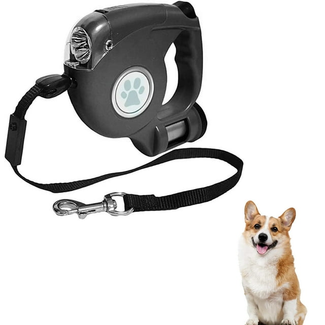 Dog Retractable Leashes with Flashlight and Waste Bag Dispenser 3 in 1 Automatic 15ft Dog Walking Leash - black