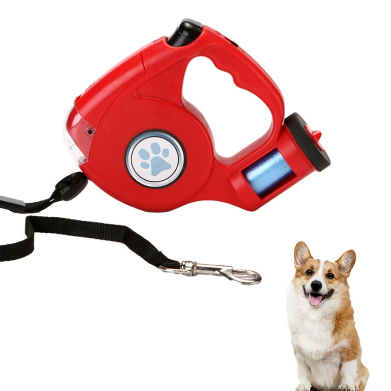 Dog Retractable Leashes with Flashlight and Waste Bag Dispenser 3 in 1 Automatic 15ft Dog Walking Leash red