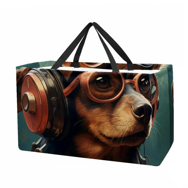 Dog Retro Reusable Foldable Picnic Basket Tote Bag Large Capacity