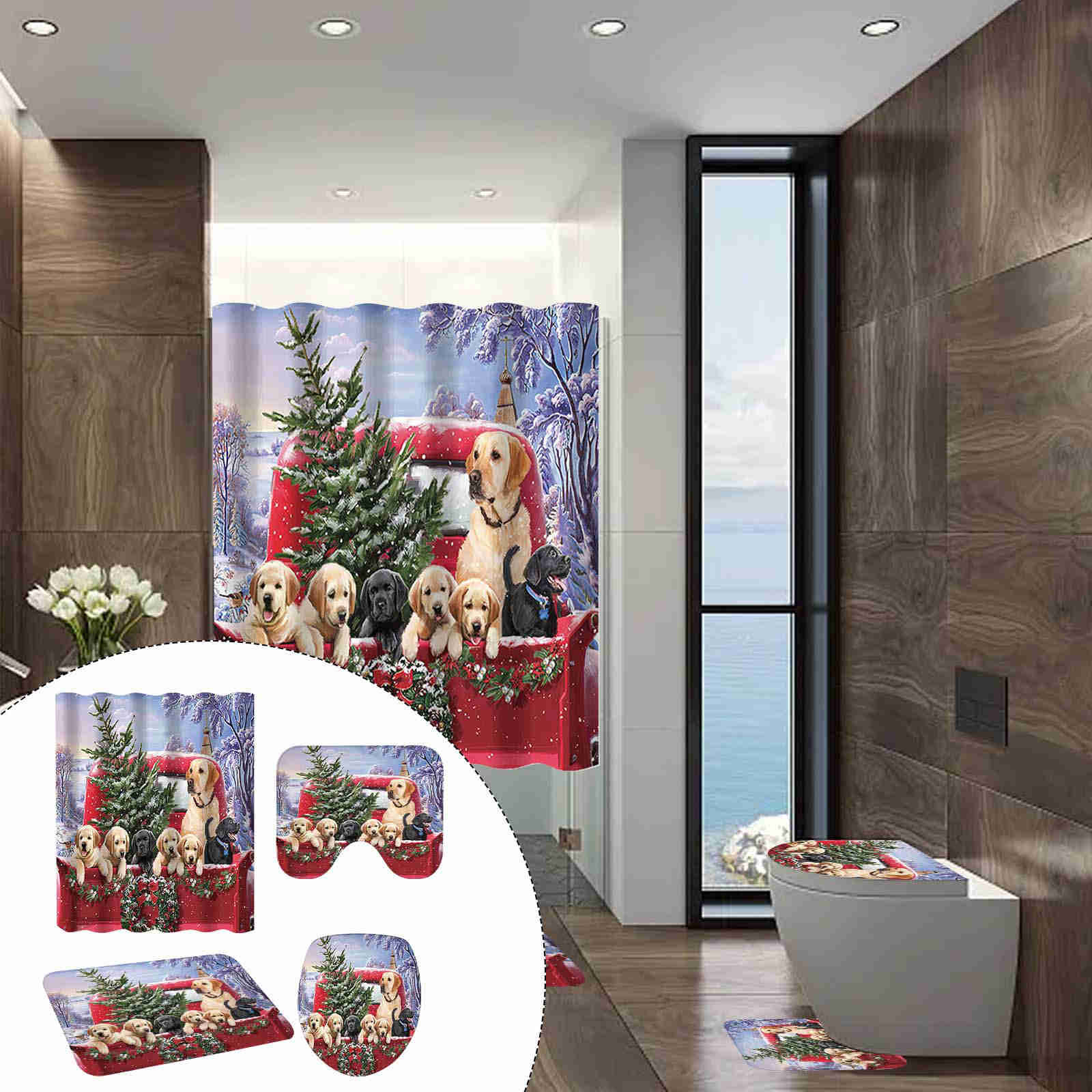 Dog Ride Truck Shower Curtain Mat Four Piece Home Bathroom Dry And Wet