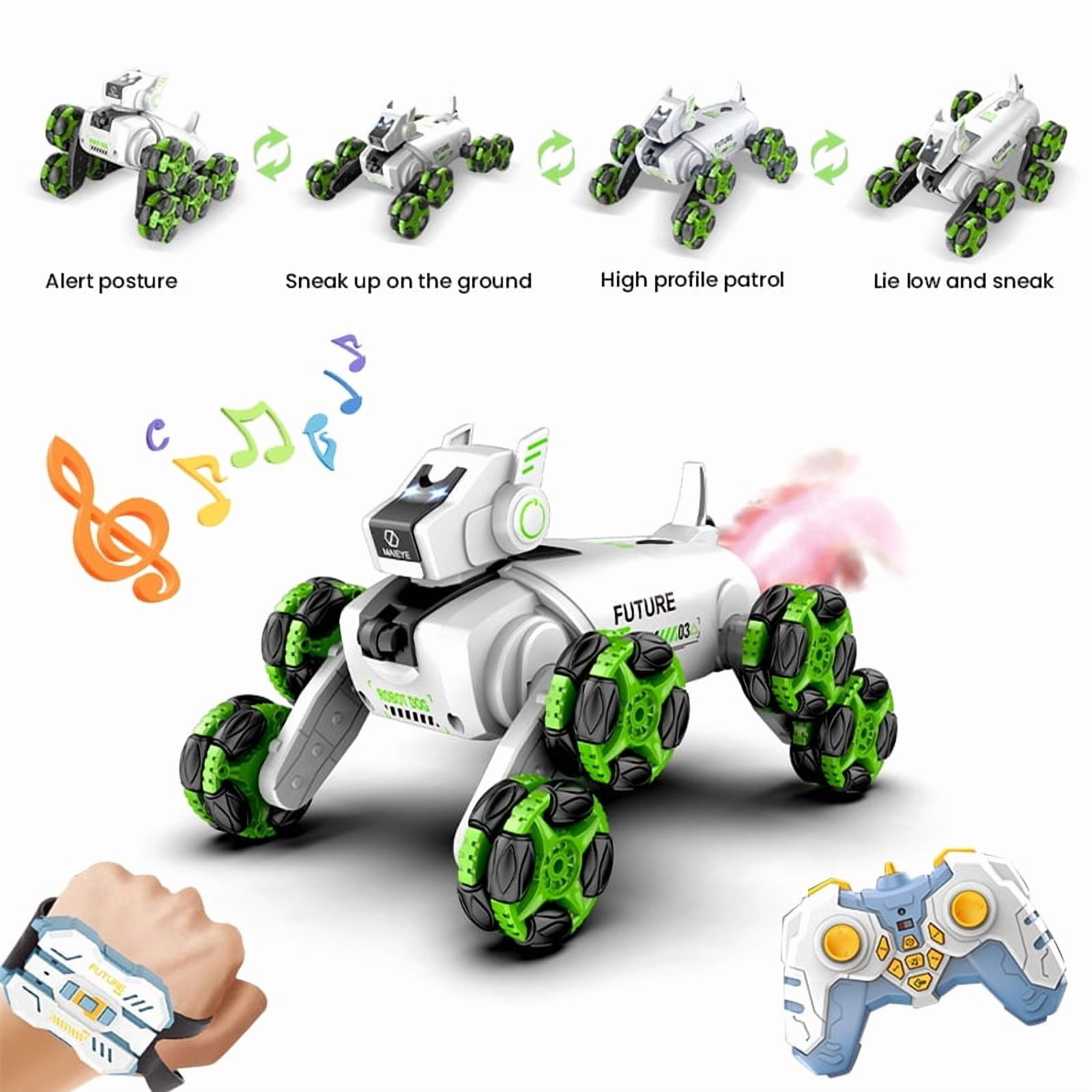 RC Robot Dog Toys, 360° Interactive Robotic Dog with Lights Music Spray 2 Batteries for Kids Ages 3+