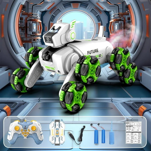 RC Robot Dog Toys, 360 Interactive Robotic Dog with Lights Music Spray 2 Batteries for Kids Ages 3+