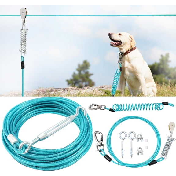 Dog Runner for Yard, Double Shock Absorption Dog Trolley System for Large Dogs, Heavy Duty 75FT Tie Out Run Cable with 10FT Leads, for Dogs Up to 250LBS,Aerial Zipline for Outside,Camping