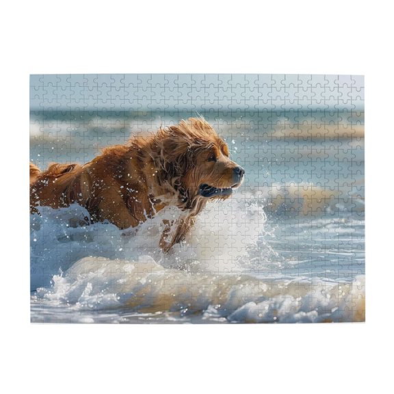 Dog Running Through Waves 500-Piece Wooden Jigsaw Puzzle for Adults, Fun & Challenging Family Brain-Teaser, Perfect Home Decor & Gift