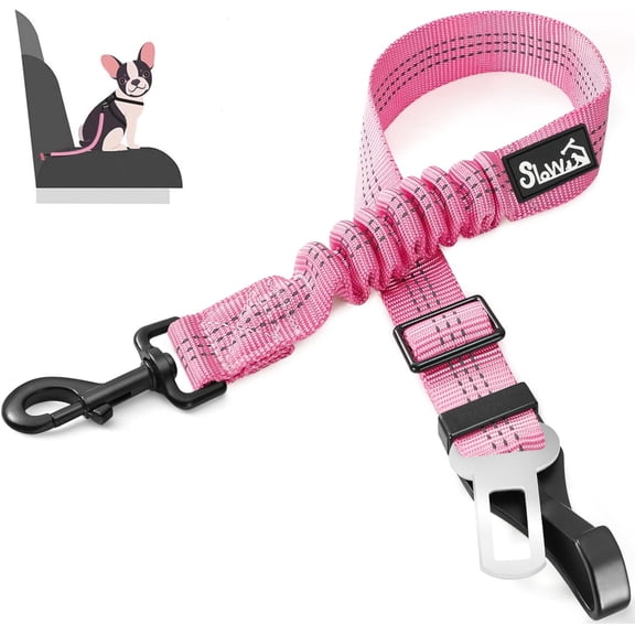 Dog Seat Belt for Car, Adjustable 3 in 1 Seatbelt with Elastic Bune Buffer, Nylon Heavy Duty Car Harness Reflective Safety Tether Leash Latch Hook Clip Pink