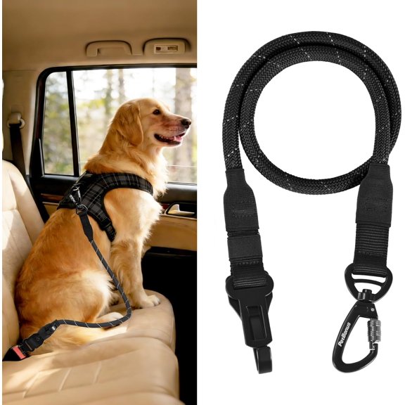 Dog Seat Belt for Car, Durable Rope Car Harness Seatbelt Vehicle, Pet Tether Safety Restraint with Heavy Duty Buckle Hook Latch Lockable Clip Small Medium Lar Breeds ()