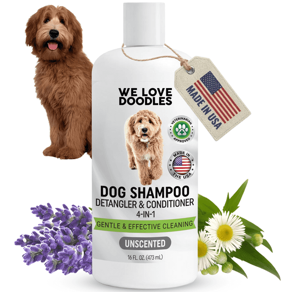 We Love Doodles Organic Professional 4-in-1 Dog Shampoo, Conditioner, Detangler, & Moisturizer, Unscented, 16 fl-oz