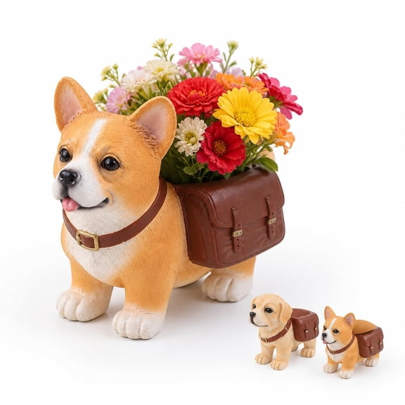 Dog Shaped Resin Planter with Saddle Bag Pot, Corgi and Labrador Succulent Flower Container