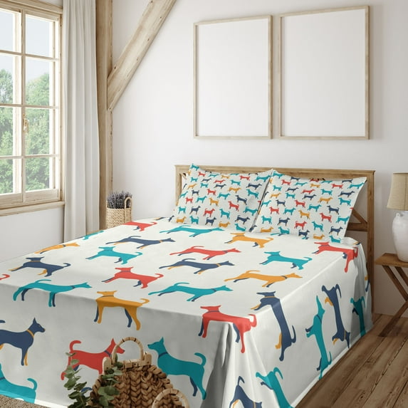 Ambesonne Colorful Fitted & Top Sheet Set with Shams, Retro Dog, Grey Red Teal