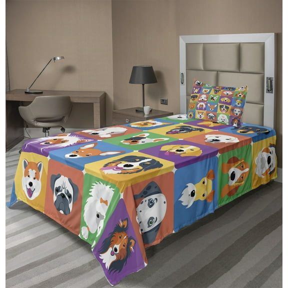 Ambesonne Dog Fitted & Top Sheet Set with Sham, Terrier Labrador Breed Pets, Purple Green