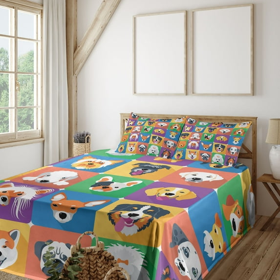 Ambesonne Dog Fitted & Top Sheet Set with Shams, Terrier Labrador Breed Pets, Purple Green