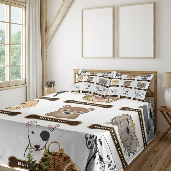 Ambesonne Animal Fitted & Top Sheet Set with Shams, Boston Terrier Dogs, White Cream and Grey